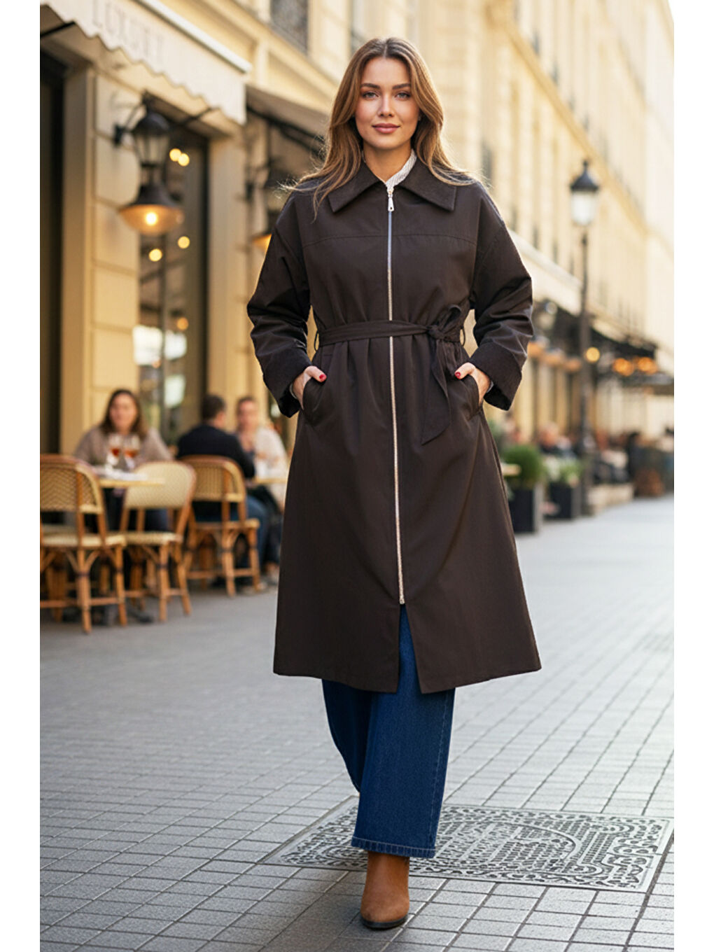 Önü Fermuarlı Yaka Kadife Detay Kap Ceket 16745 Kahverengi-3