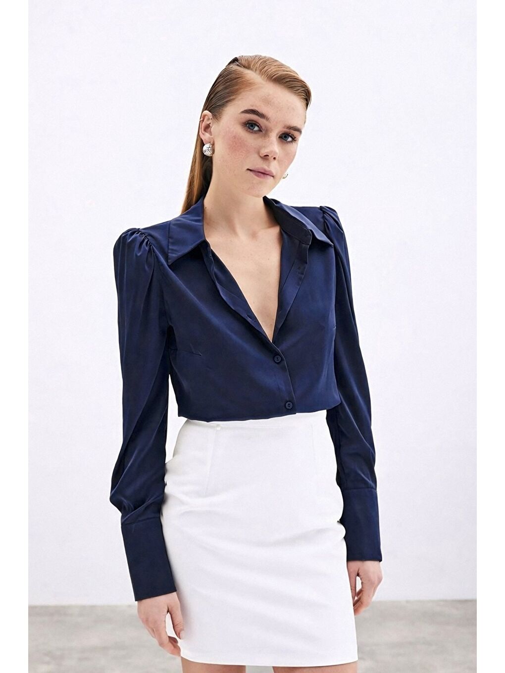 Vatkalı Saten Gömlek - Lacivert-2