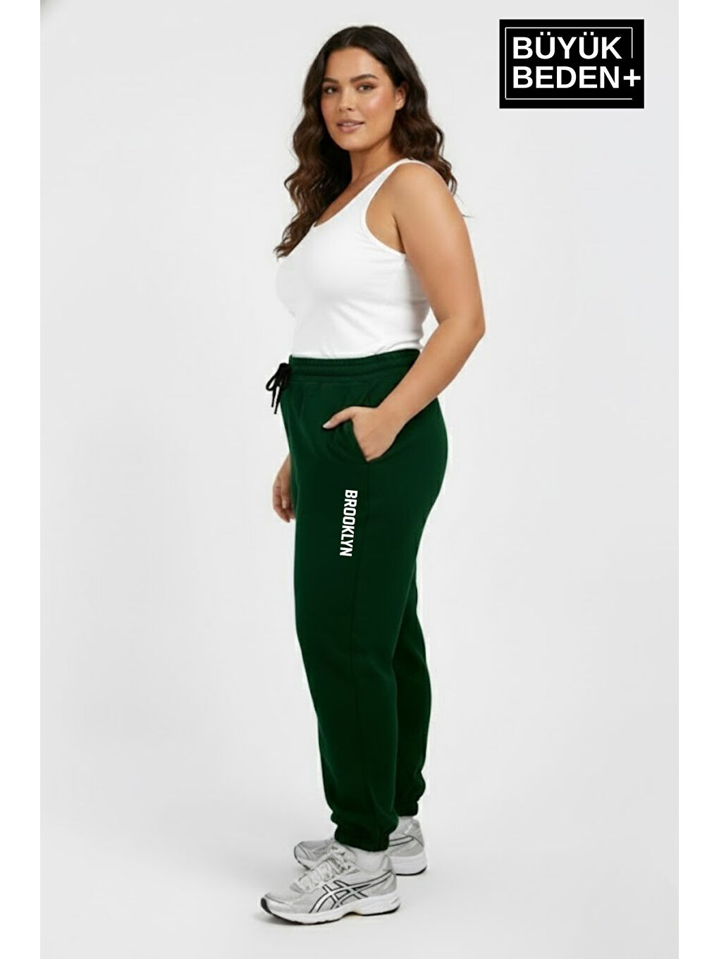 Yeşil Kadın Büyük Beden BROOKLYN Baskılı Paça Lastikli Jogger İnce Eşofman Altı SPR26BEAK951-2