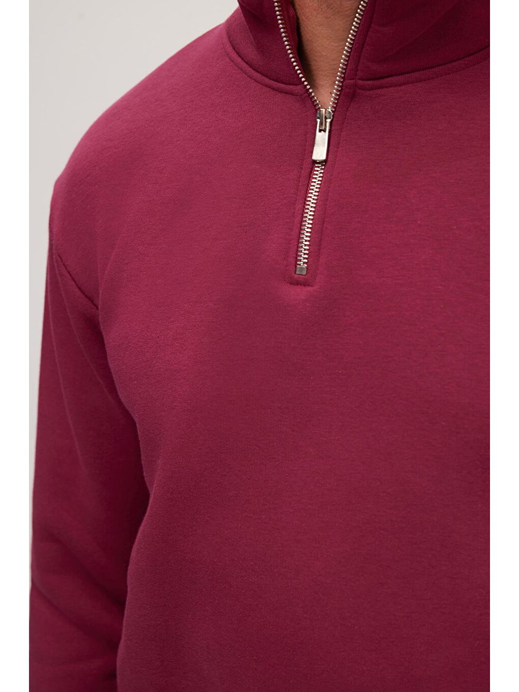 Unisex Relax Fit Rahat Kesim Pamuklu İçi Polarlı Yarım Fermuarlı Fuşya Dik Yaka Sweatshirt-2