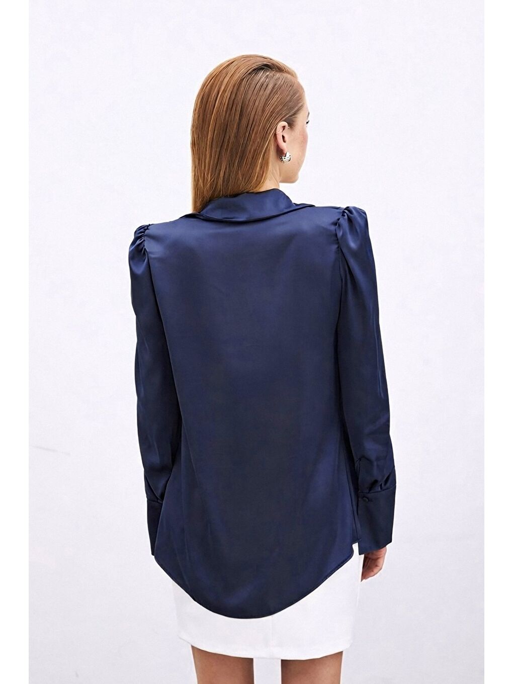 Vatkalı Saten Gömlek - Lacivert-4