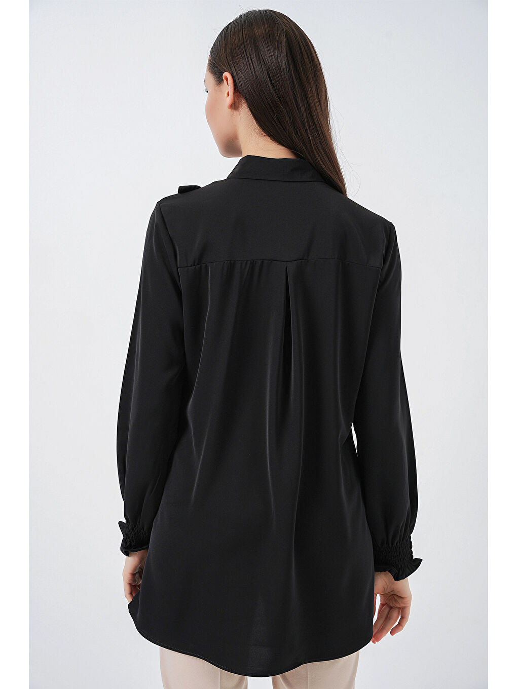 Kadın Fırfırlı Uzun Gömlek Tunik 5986 - Siyah-6