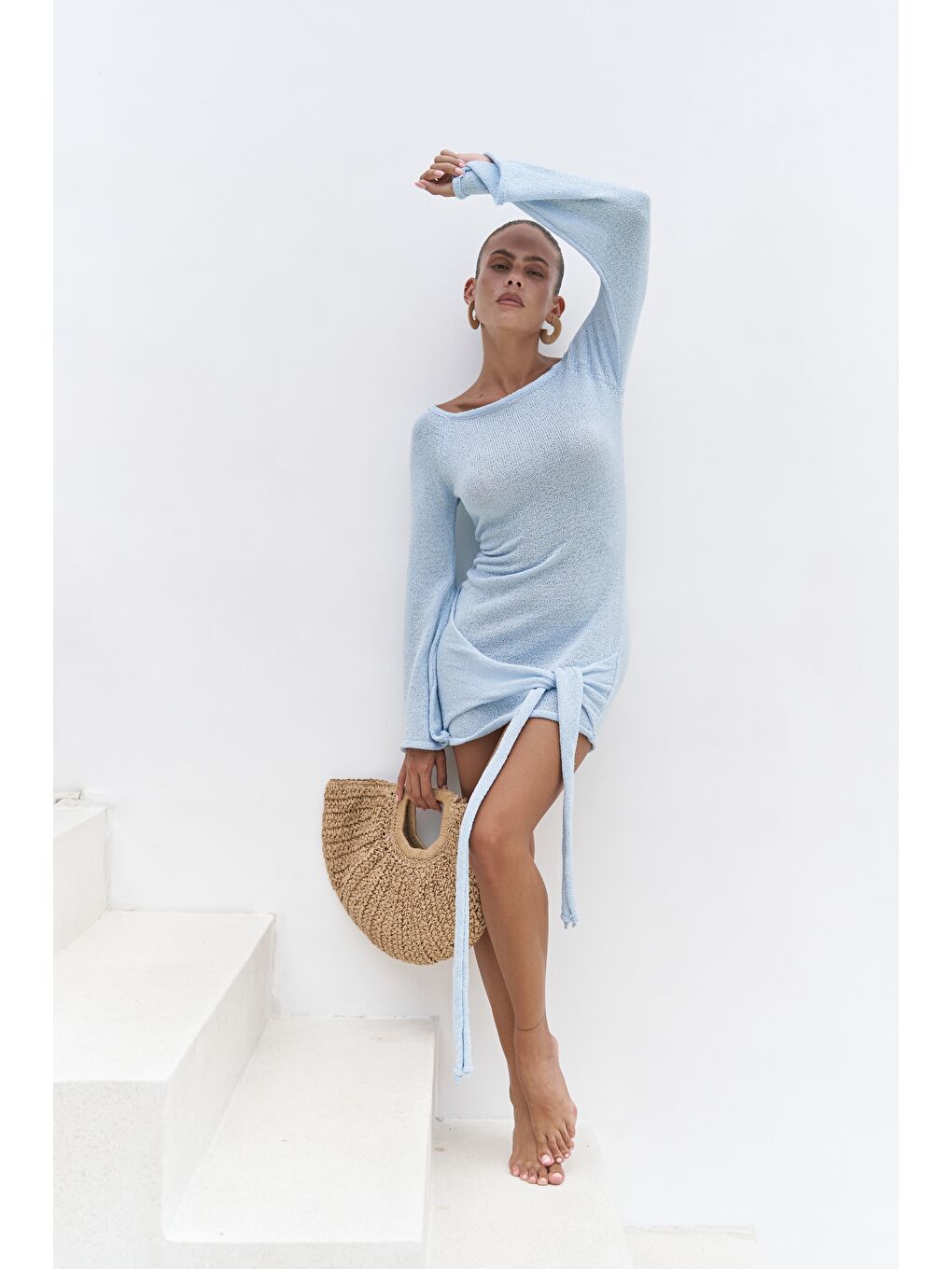 Kawanas Kayık Yaka Bağlamalı Mavi Elbise-2