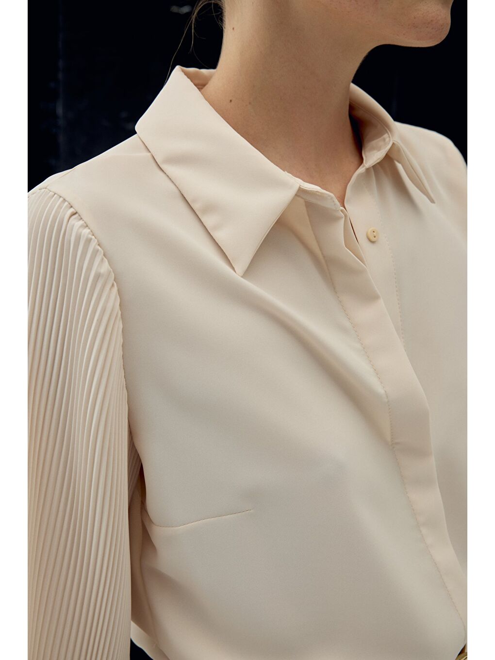 Plise Kollu Gömlek - Bej-6