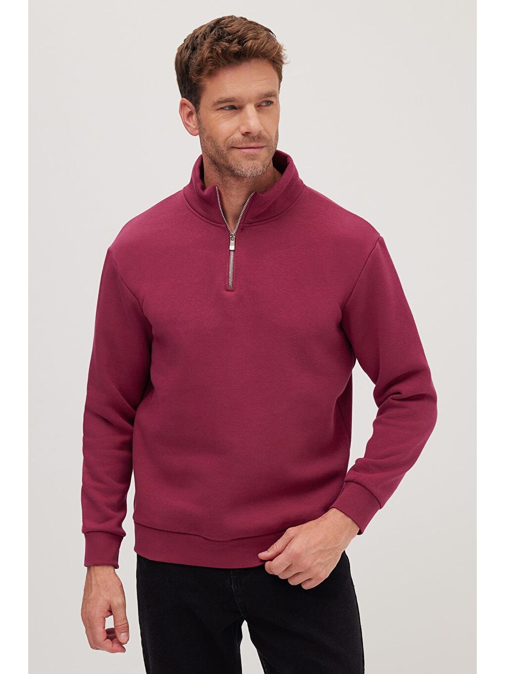 Unisex Relax Fit Rahat Kesim Pamuklu İçi Polarlı Yarım Fermuarlı Fuşya Dik Yaka Sweatshirt-3