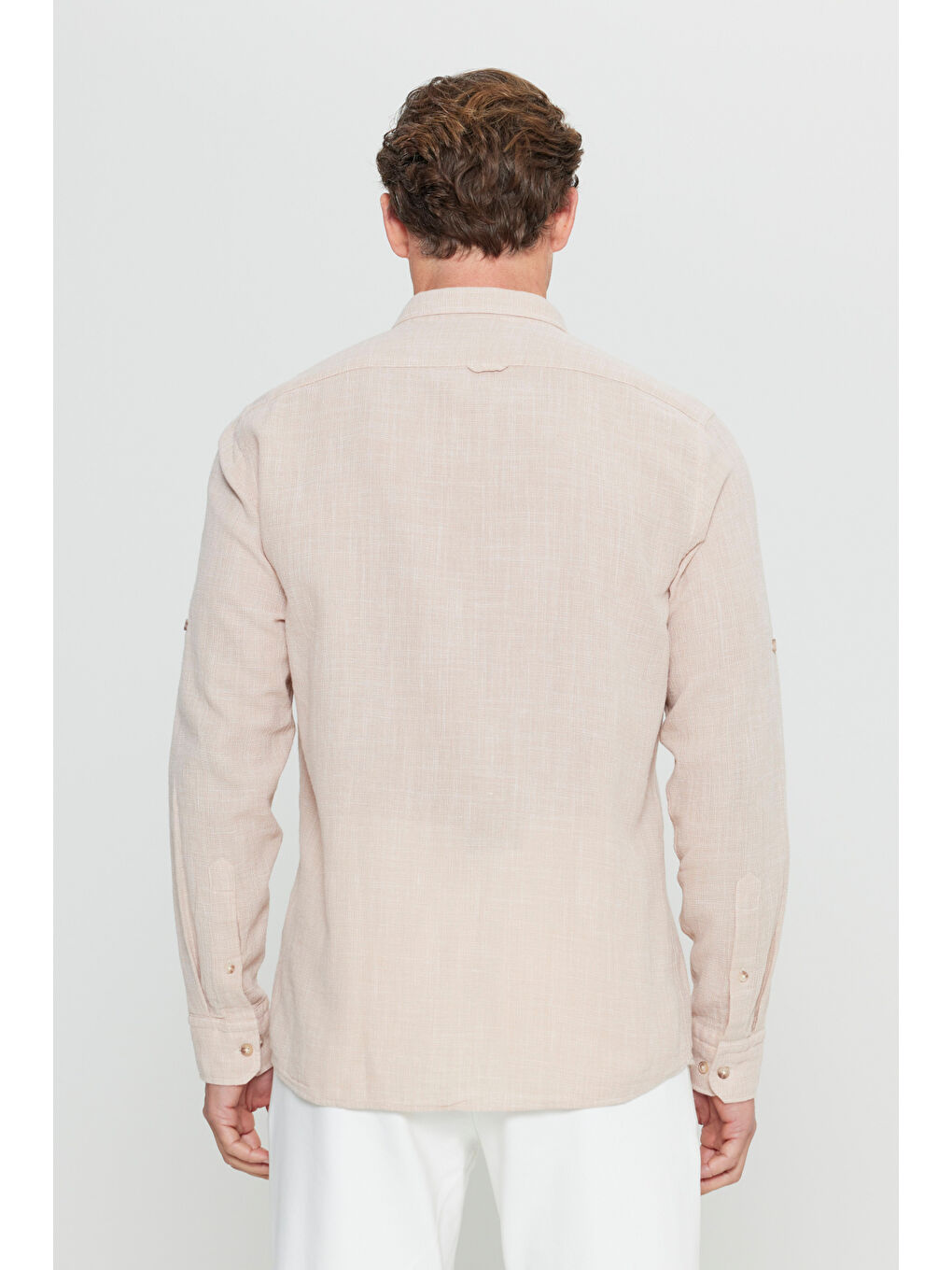 Erkek Bej %100 Pamuk Flamlı Slim Fit Dar Kesim Düğmeli Yaka Armürlü Gömlek-4