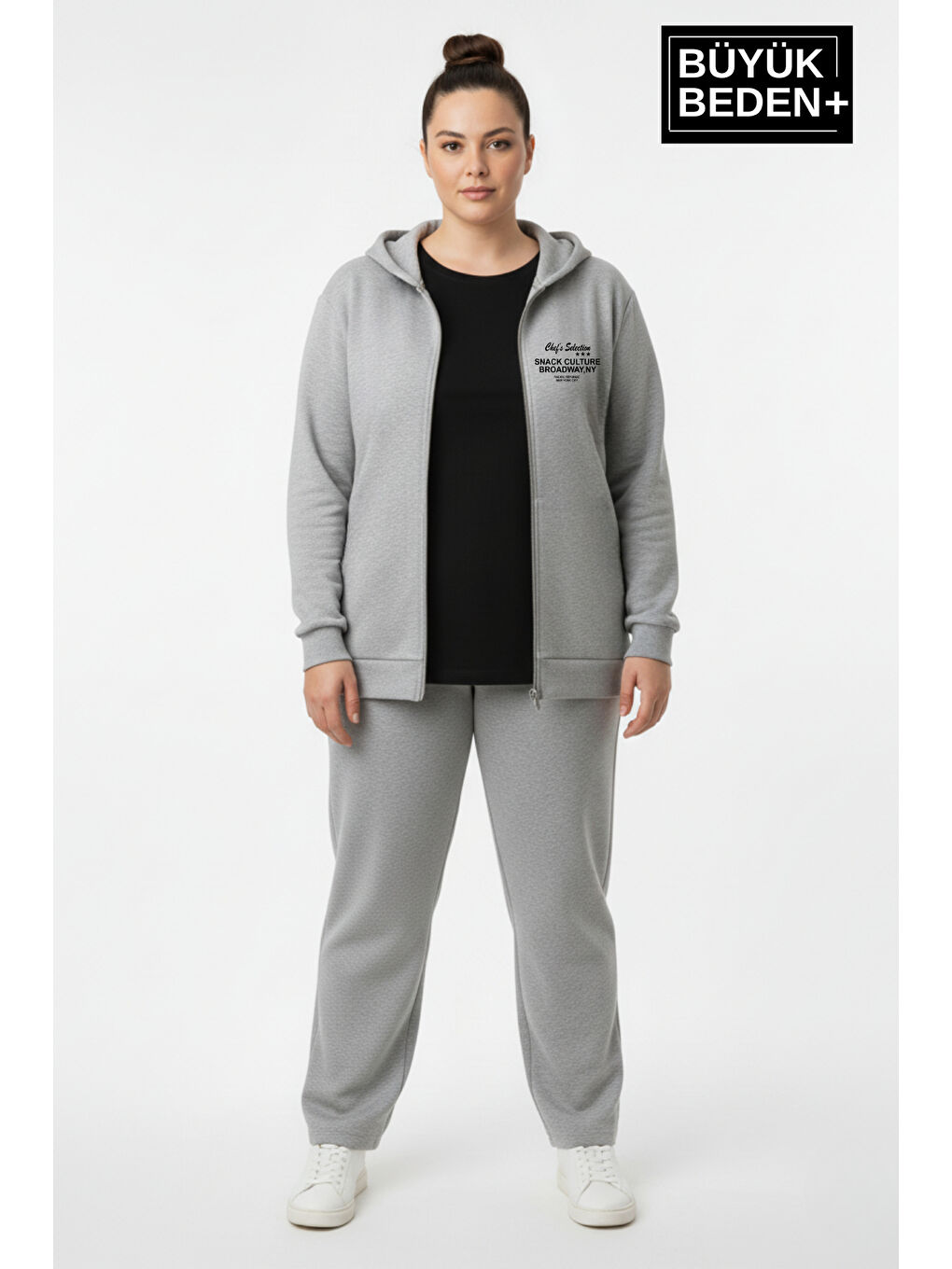 Gri Kadın Büyük Beden Fermuarlı Kapüşonlu Chef Baskılı Sweatshirt Hırka - Rahat Kalıp SPR26BHRK921