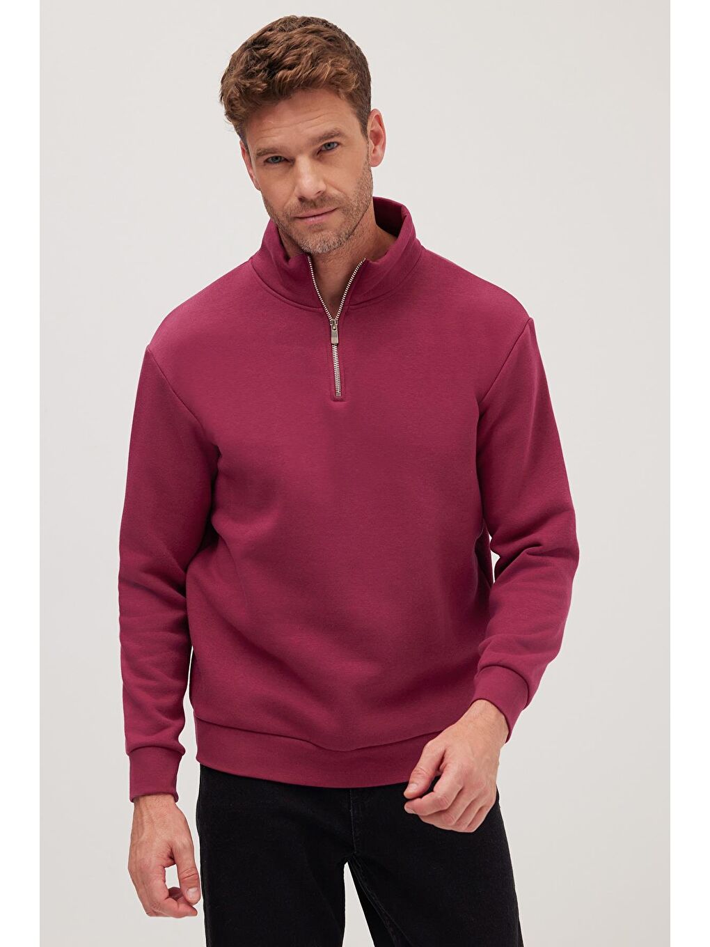 Unisex Relax Fit Rahat Kesim Pamuklu İçi Polarlı Yarım Fermuarlı Fuşya Dik Yaka Sweatshirt-4