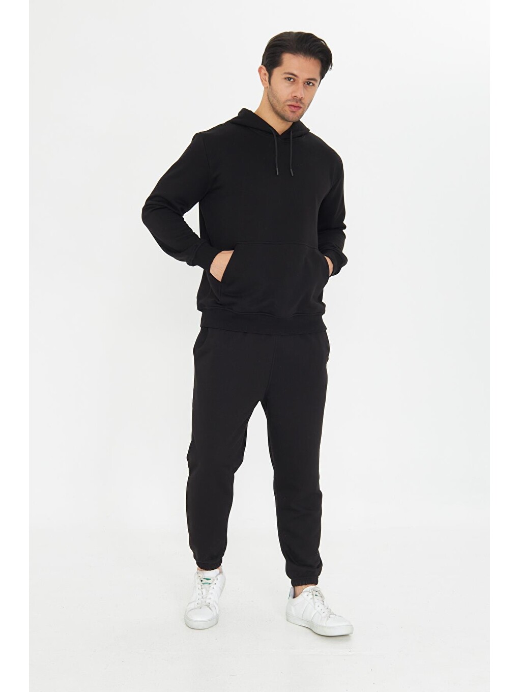 Siyah Şardonsuz 3 Iplik Pamuklu Basic Kapüşonlu Unisex Eşofman Takımı 5737-1