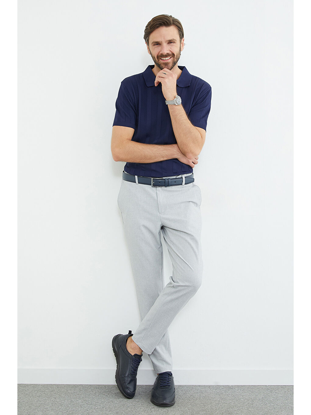 Gri Beli Bağlamalı Dokulu Pantolon-2