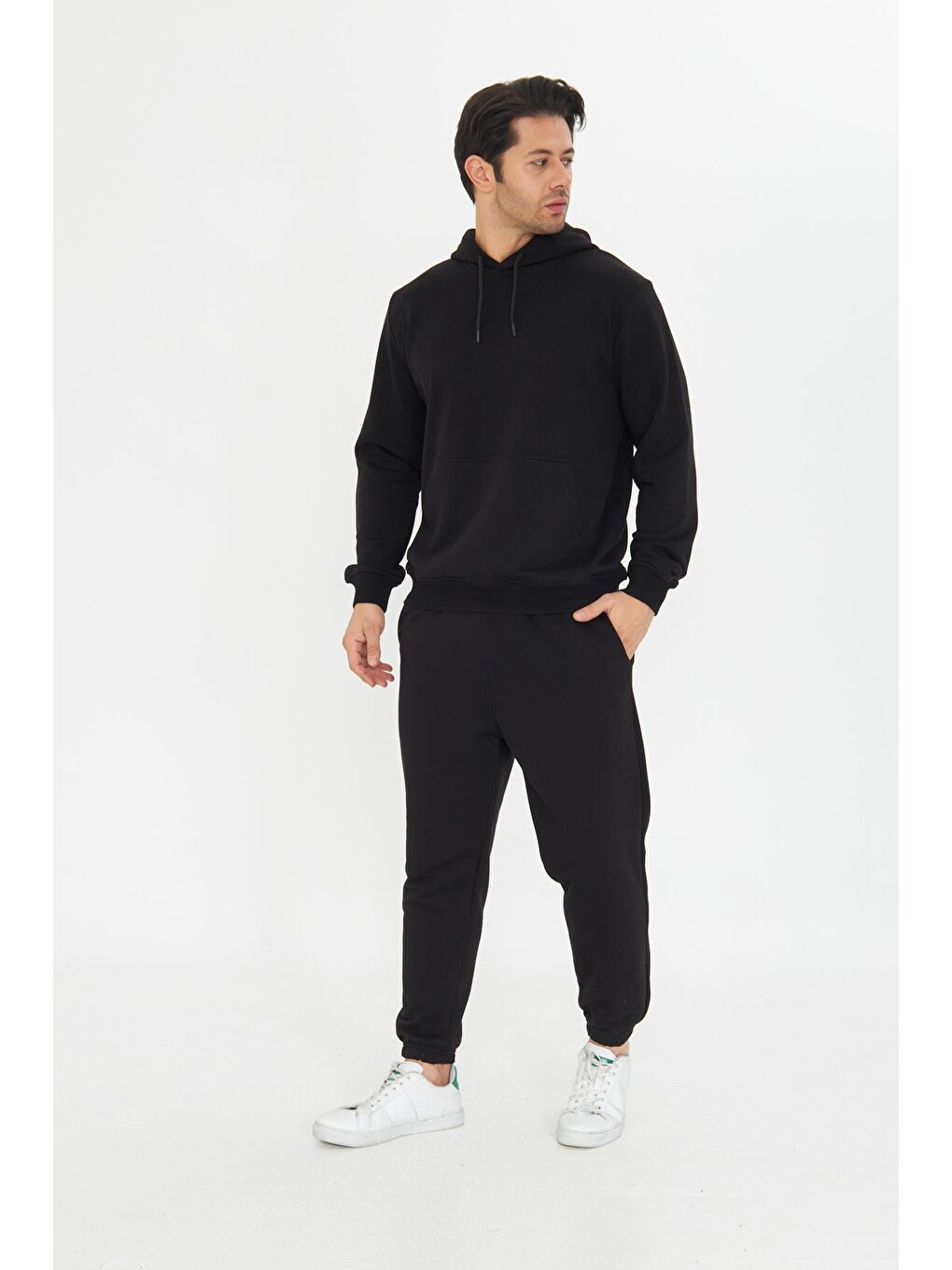 Siyah Şardonsuz 3 Iplik Pamuklu Basic Kapüşonlu Unisex Eşofman Takımı 5737-2