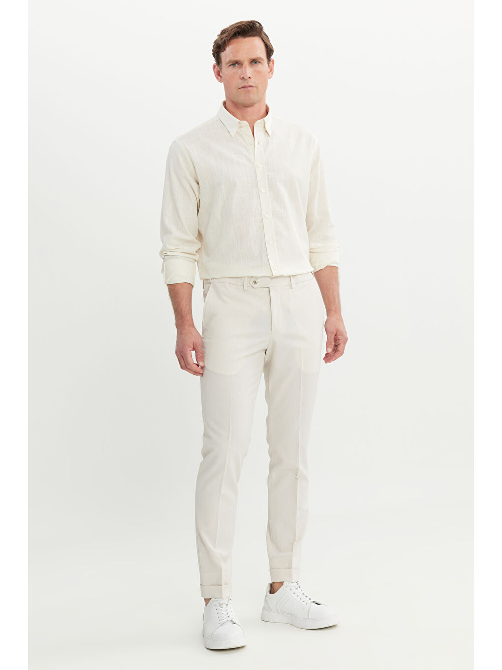 Erkek Bej Slim Fit Dar Kesim Beli Lastikli Yan Cep Klasik Pantolon