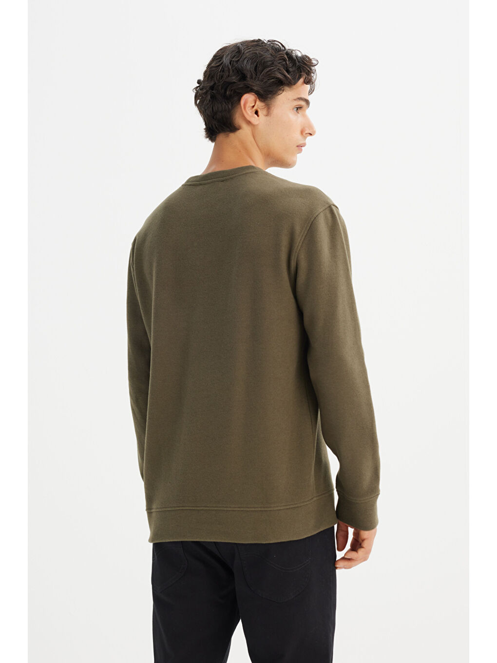 Haki Pamuklu Regular Fit Normal Kesim Bisiklet Yaka Selanik Örgü Sweatshirt-4