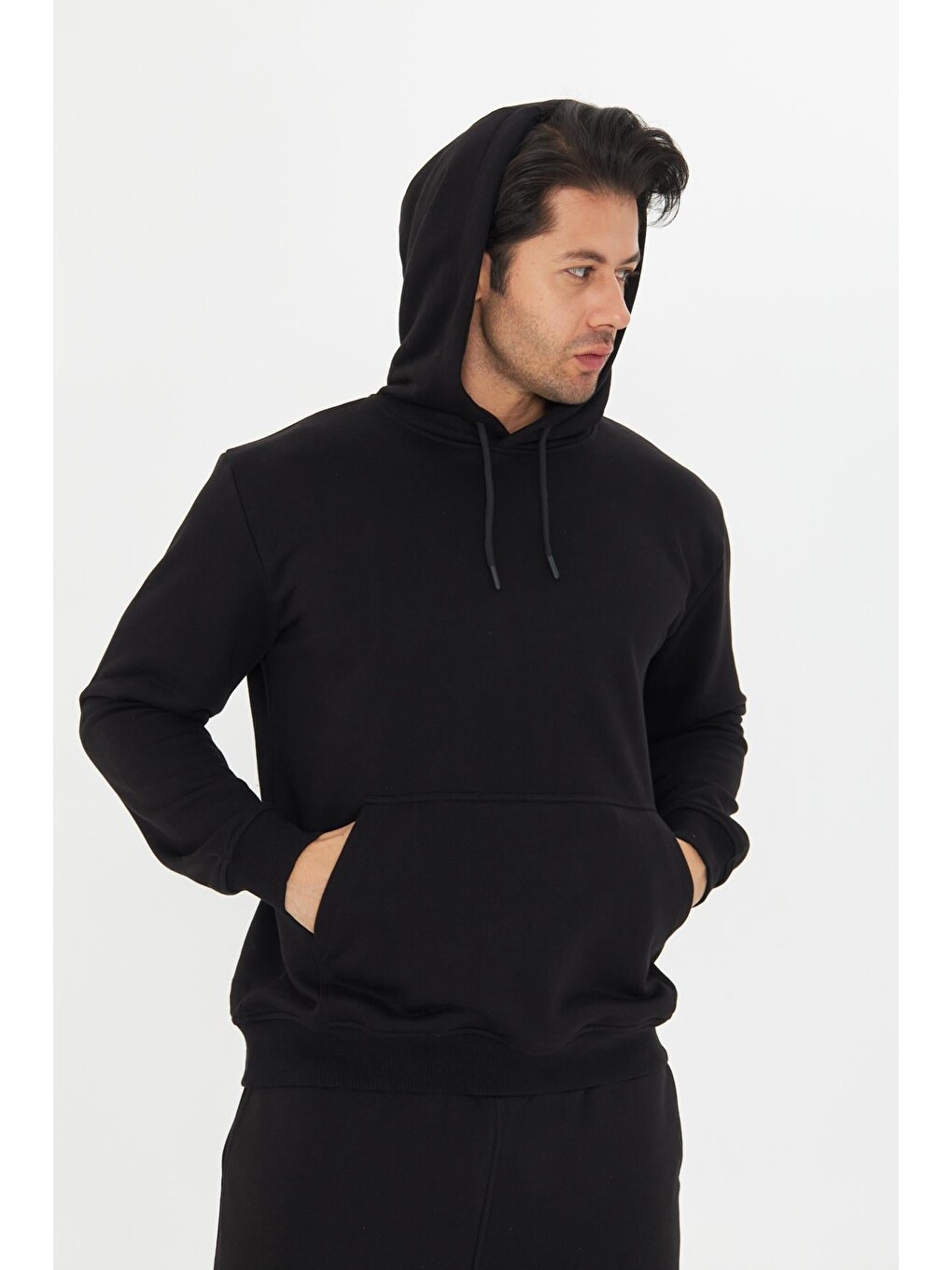 Siyah Şardonsuz 3 Iplik Pamuklu Basic Kapüşonlu Unisex Eşofman Takımı 5737-3