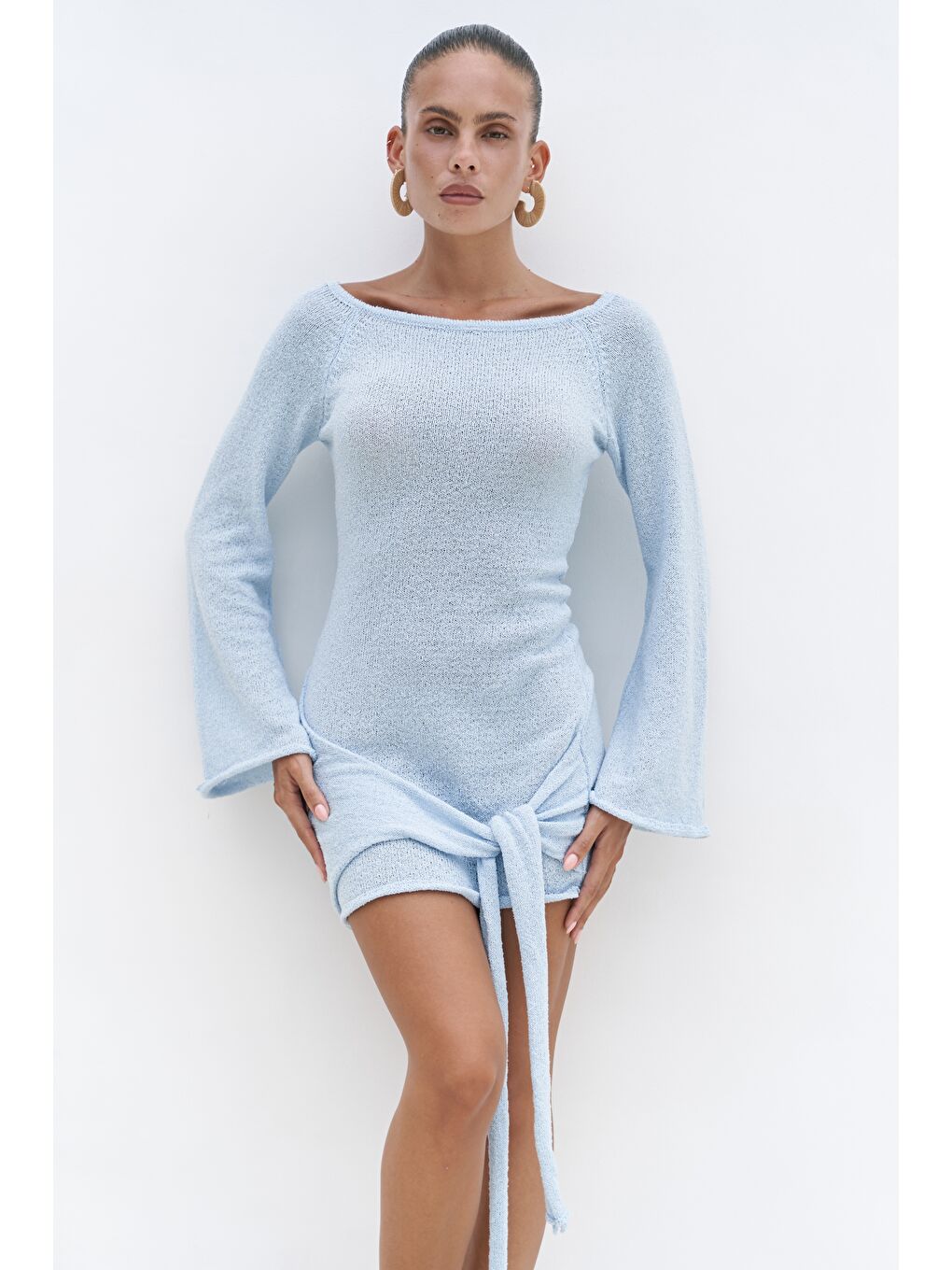 Kawanas Kayık Yaka Bağlamalı Mavi Elbise-5