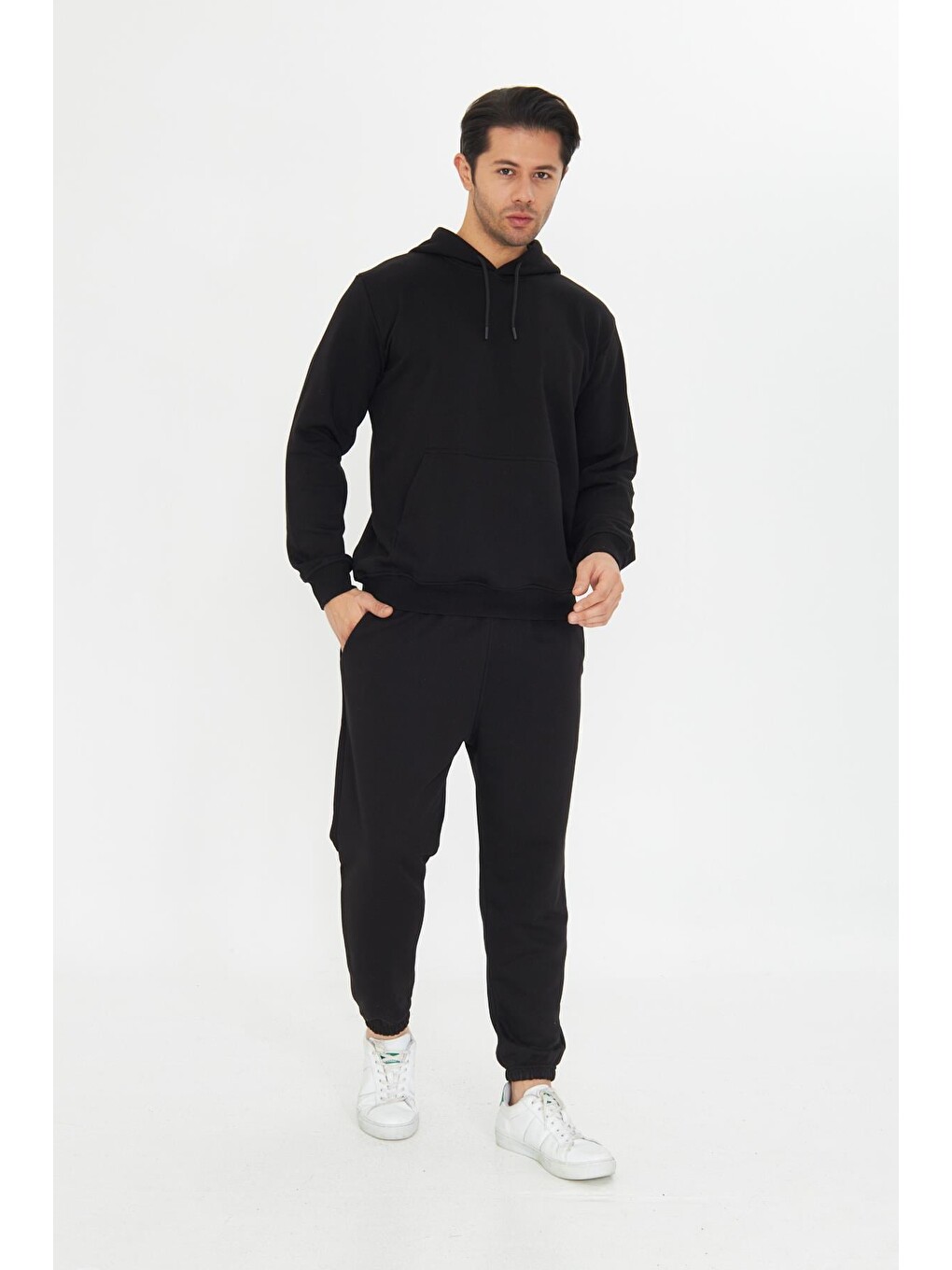 Siyah Şardonsuz 3 Iplik Pamuklu Basic Kapüşonlu Unisex Eşofman Takımı 5737-4