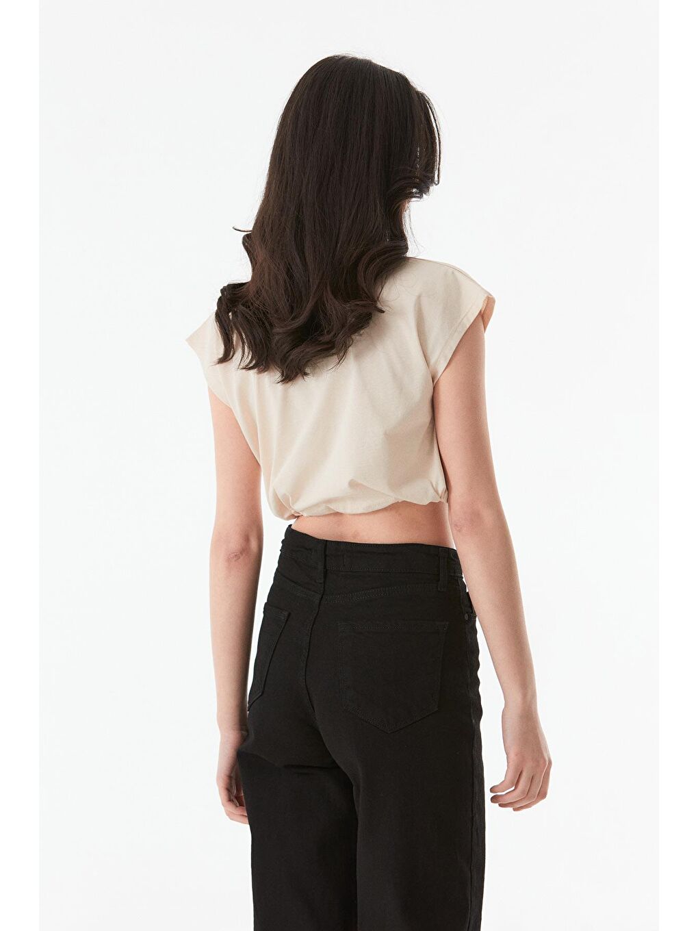 Bej Basic Bisiklet Yaka Stoperli Crop Tişört-2