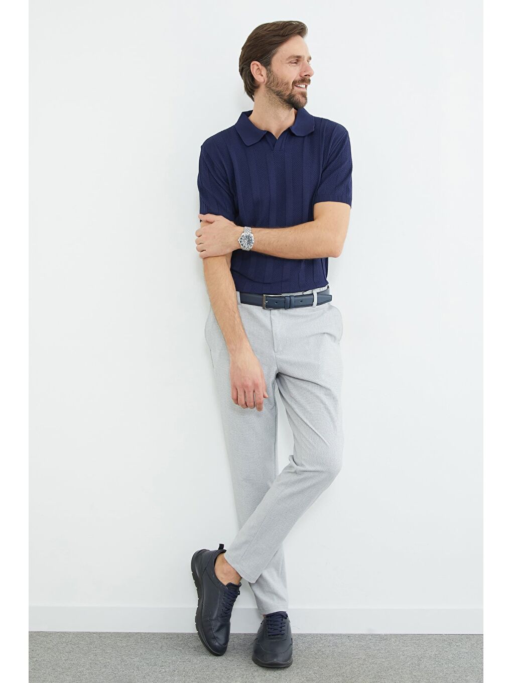 Gri Beli Bağlamalı Dokulu Pantolon-3