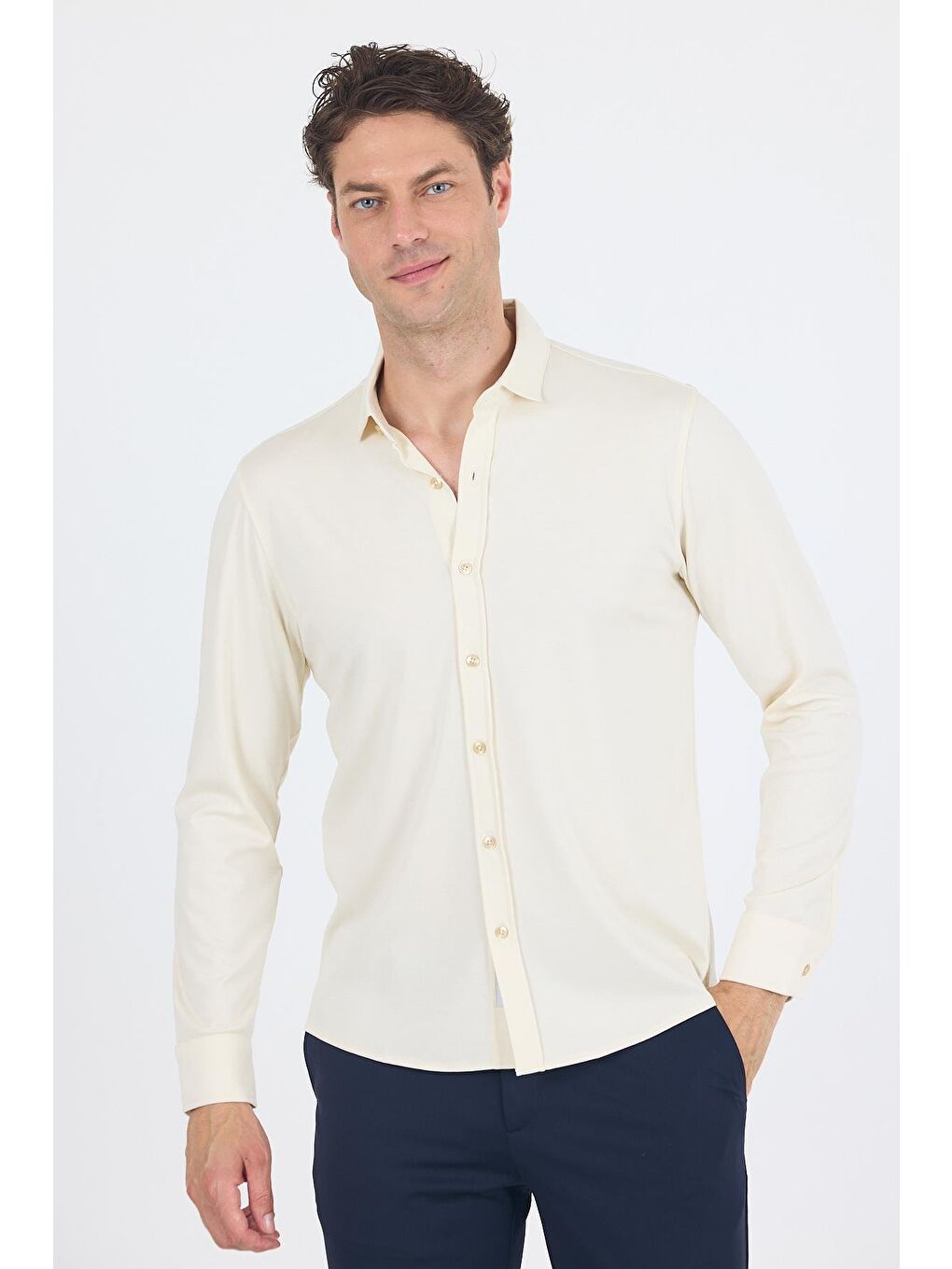 Kahverengi Açık Krem Uzun Kol Düz Örme Polo Yaka Cepsiz Esnek Classic Slim Fit Gömlek 1004250153_650