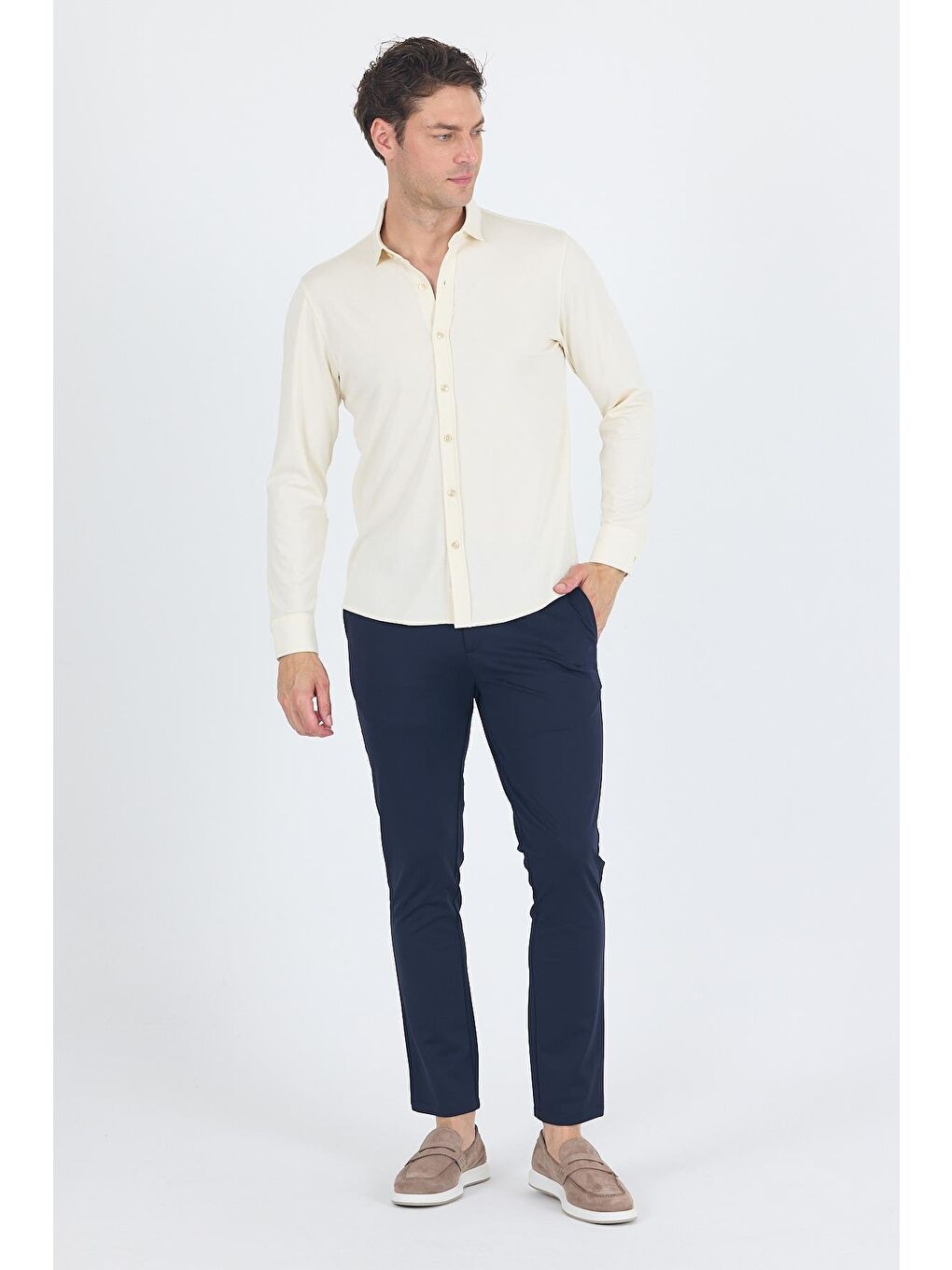 Kahverengi Açık Krem Uzun Kol Düz Örme Polo Yaka Cepsiz Esnek Classic Slim Fit Gömlek 1004250153_650-1