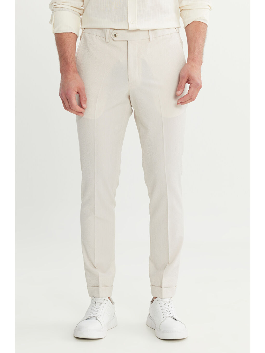 Erkek Bej Slim Fit Dar Kesim Beli Lastikli Yan Cep Klasik Pantolon-1