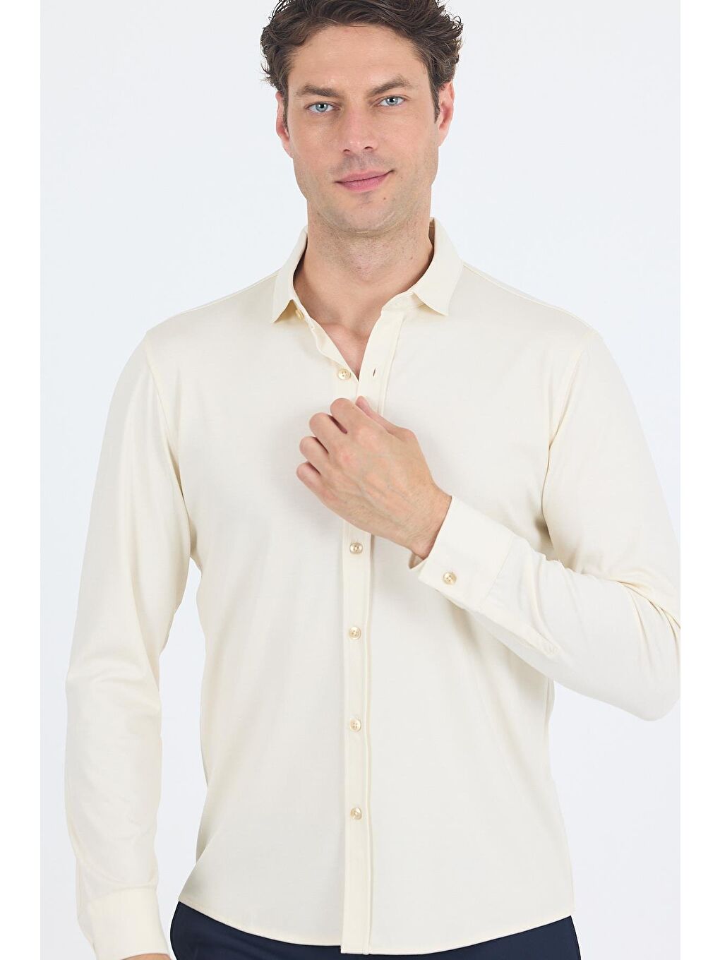 Kahverengi Açık Krem Uzun Kol Düz Örme Polo Yaka Cepsiz Esnek Classic Slim Fit Gömlek 1004250153_650-2