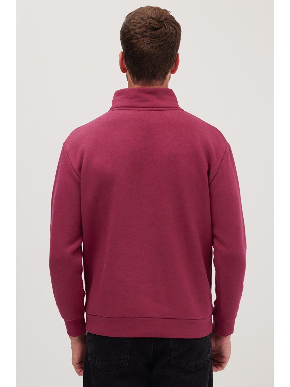 Unisex Relax Fit Rahat Kesim Pamuklu İçi Polarlı Yarım Fermuarlı Fuşya Dik Yaka Sweatshirt-6