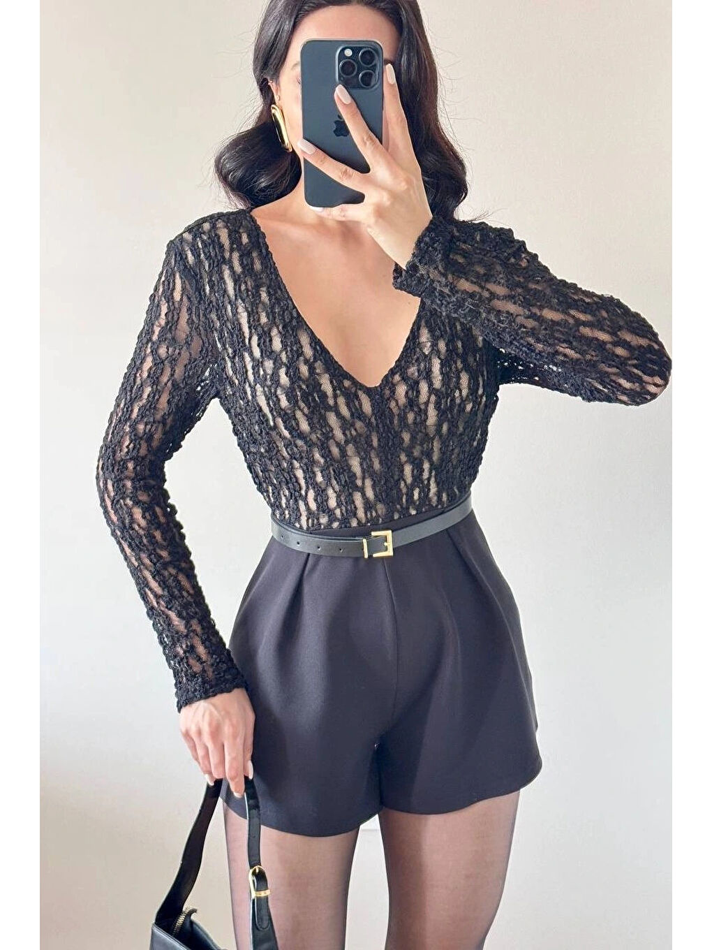 Kadın Siyah Dantel Garnili Şortlu Tulum 1041-2734-1