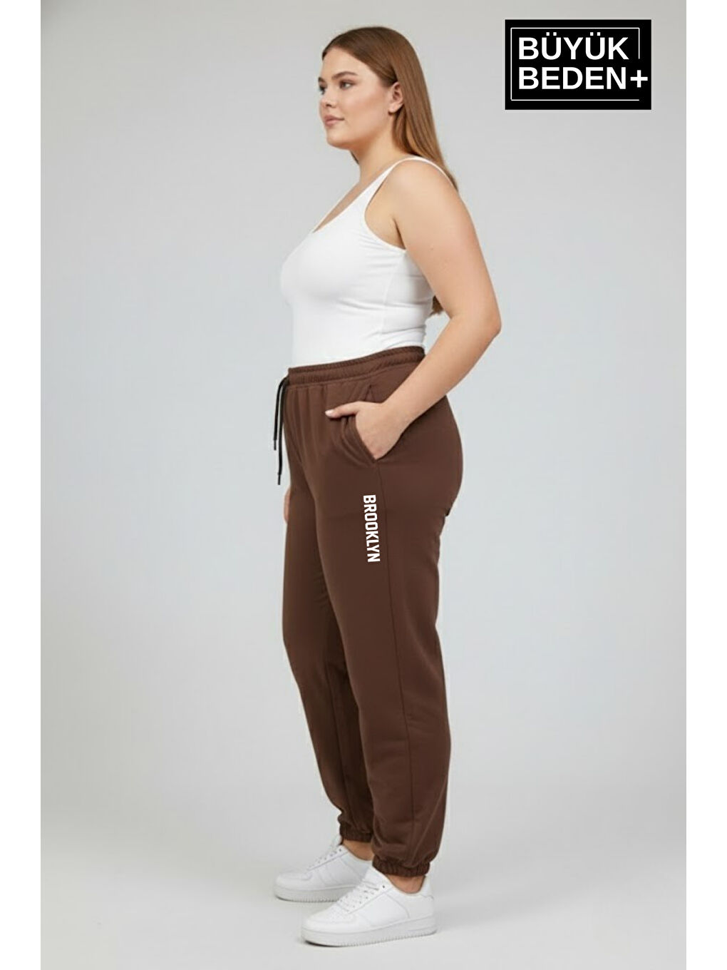 Kahverengi Kadın Büyük Beden BROOKLYN Baskılı Paça Lastikli Jogger İnce Eşofman Altı SPR26BEAK951-2