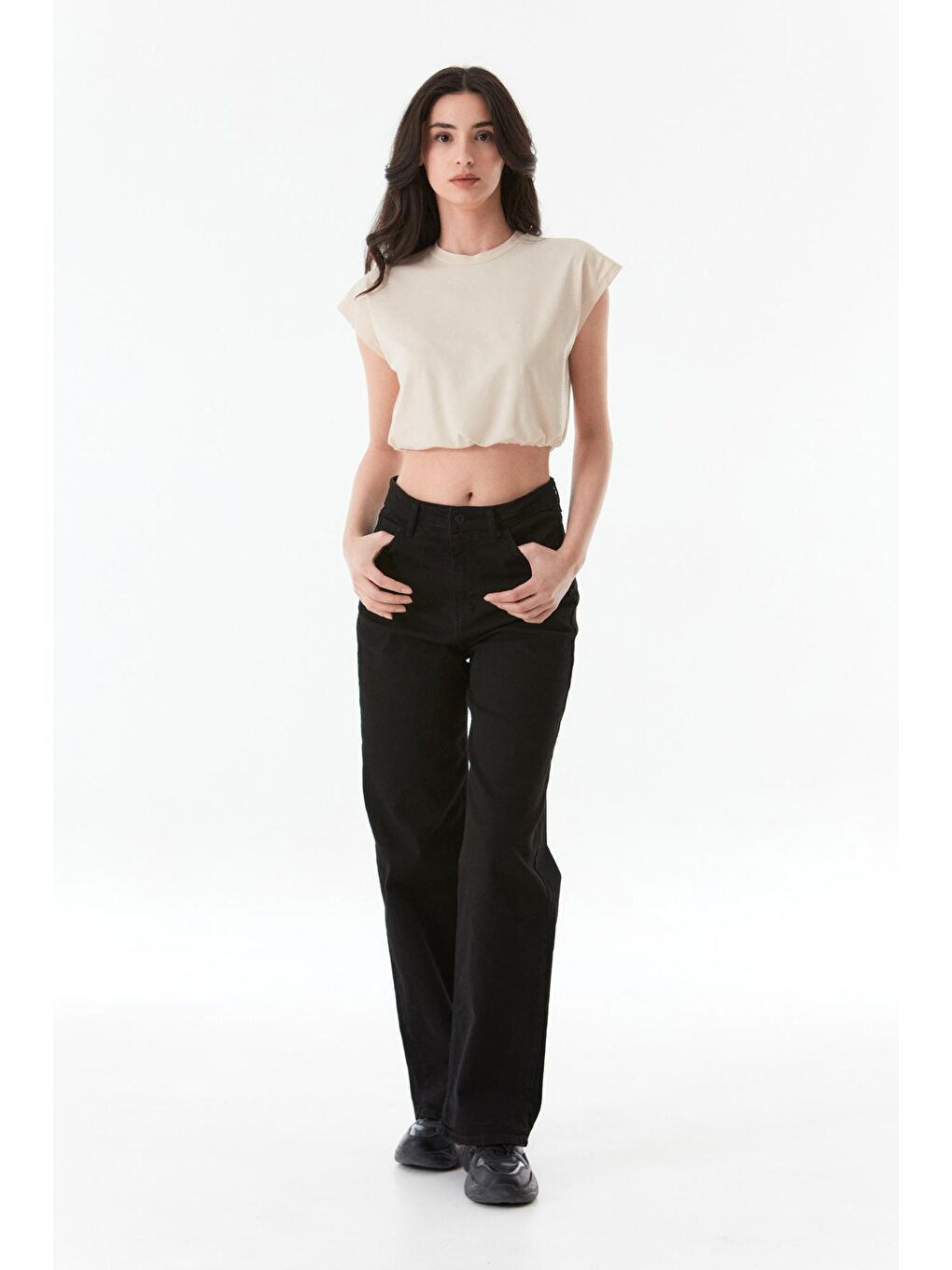 Bej Basic Bisiklet Yaka Stoperli Crop Tişört-3