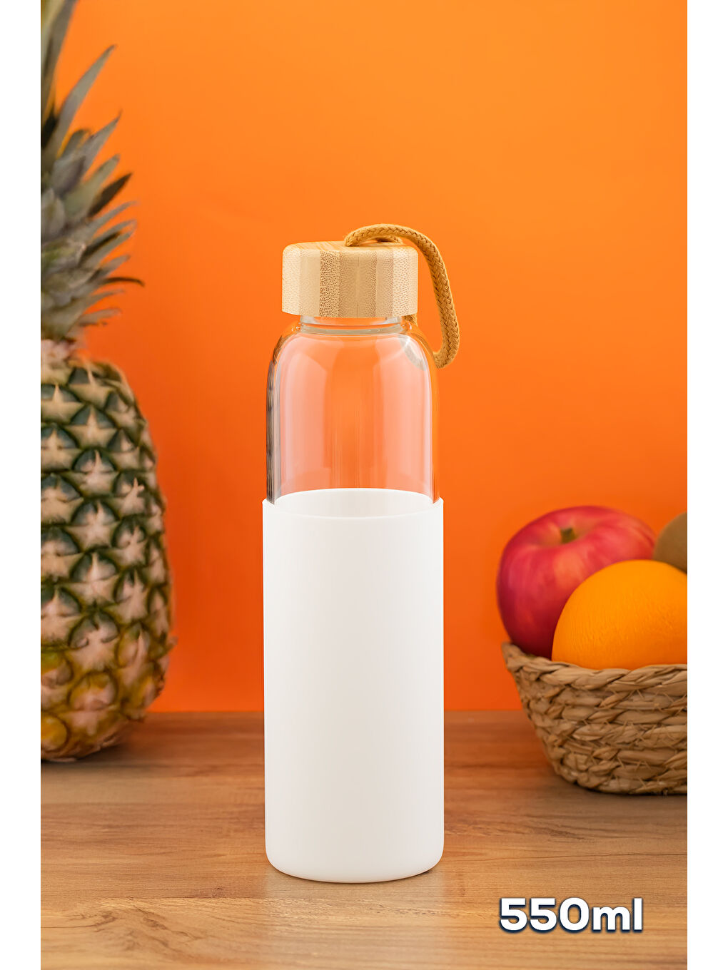 2409-4 Matara 550 ml - Bambu Kapaklı Suluk Beyaz Kılıflı Borasilikat Cam Su Şişesi-1