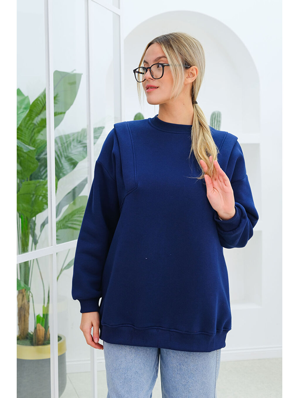Çift Omuz Detaylı Sweat Lacivert-1