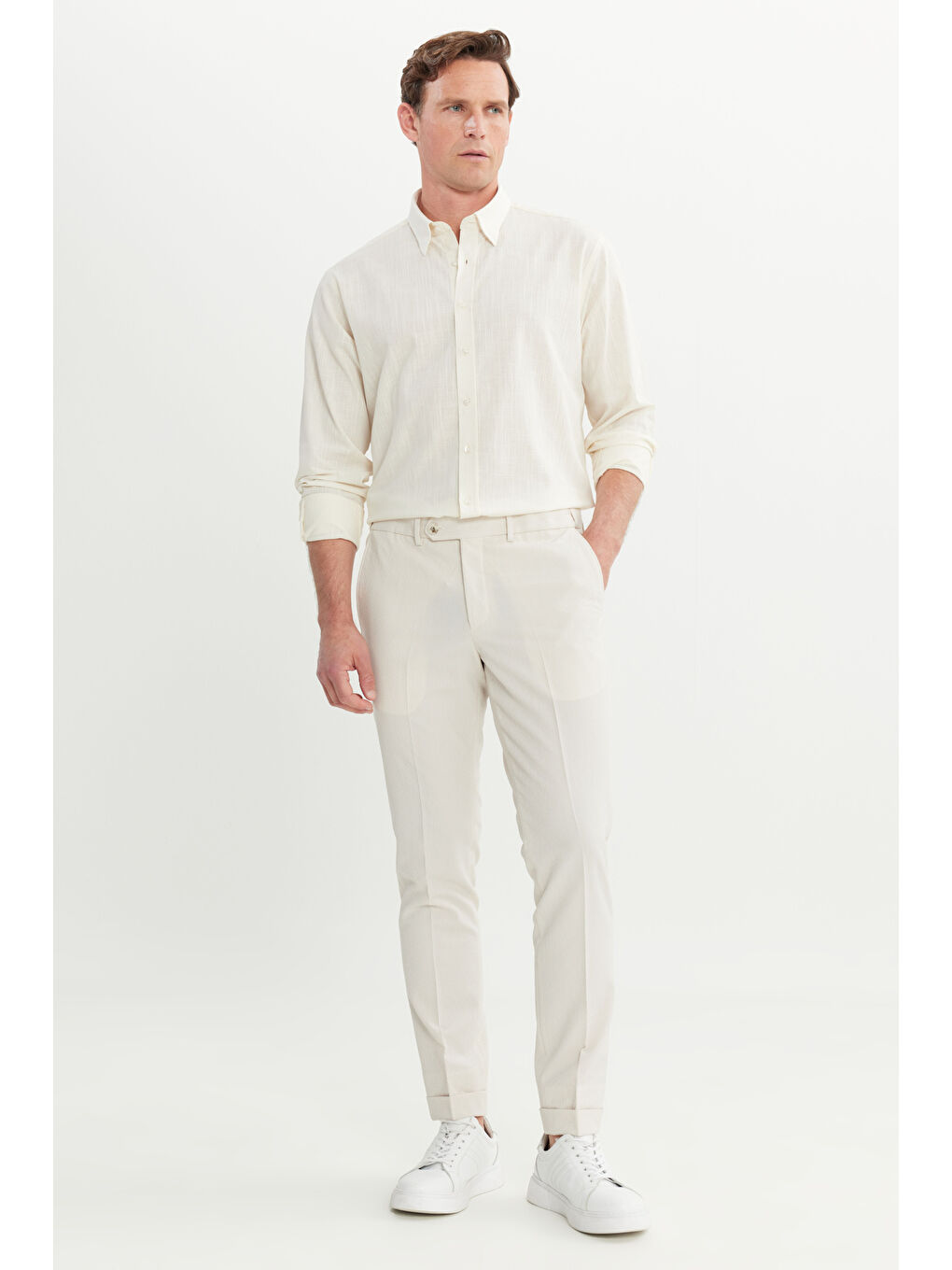 Erkek Bej Slim Fit Dar Kesim Beli Lastikli Yan Cep Klasik Pantolon-2