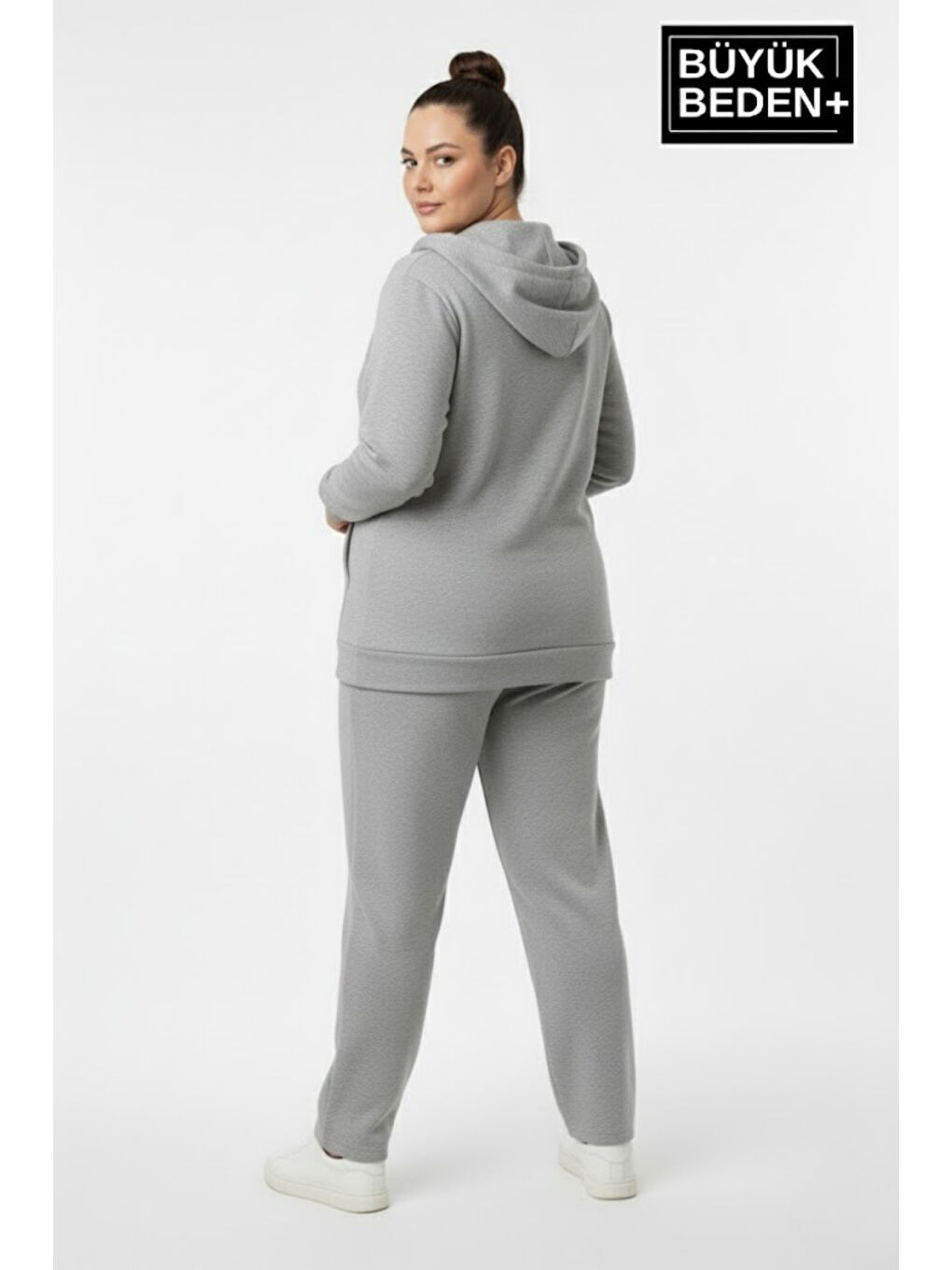 Gri Kadın Büyük Beden Fermuarlı Kapüşonlu Chef Baskılı Sweatshirt Hırka - Rahat Kalıp SPR26BHRK921-1