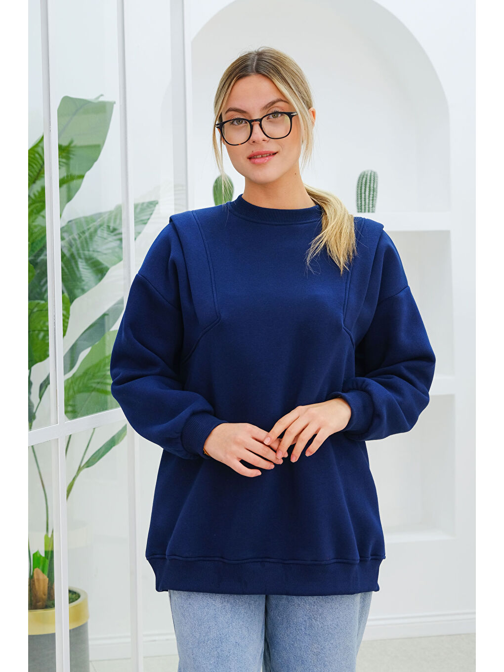 Çift Omuz Detaylı Sweat Lacivert-2