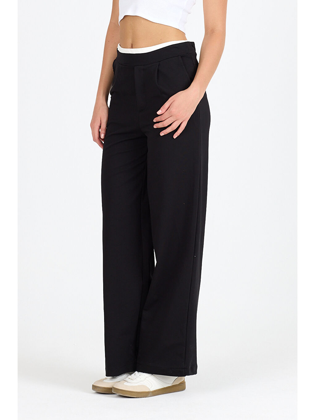 Siyah Kadın Kemeri 2 Renk Detaylı İspanyol Paça Pantolon 5006-1