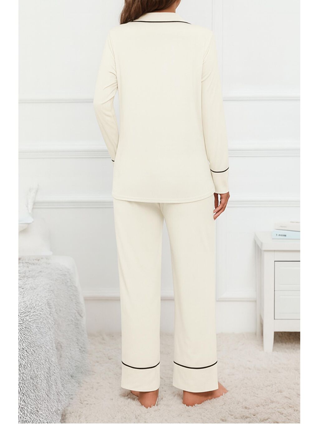 Beyaz Gömlek Yaka Önden Düğmeli Uzun Kol Rahat Form Hamile ve Lohusa Pijama Takımı-1