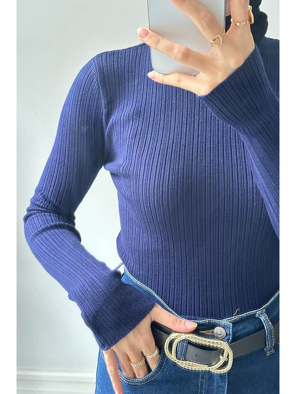 Bisiklet Yaka Fittilli Triko Body Lacivert-2