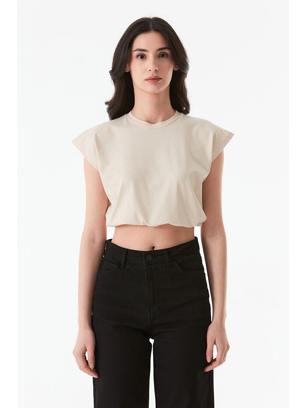 Bej Basic Bisiklet Yaka Stoperli Crop Tişört-4