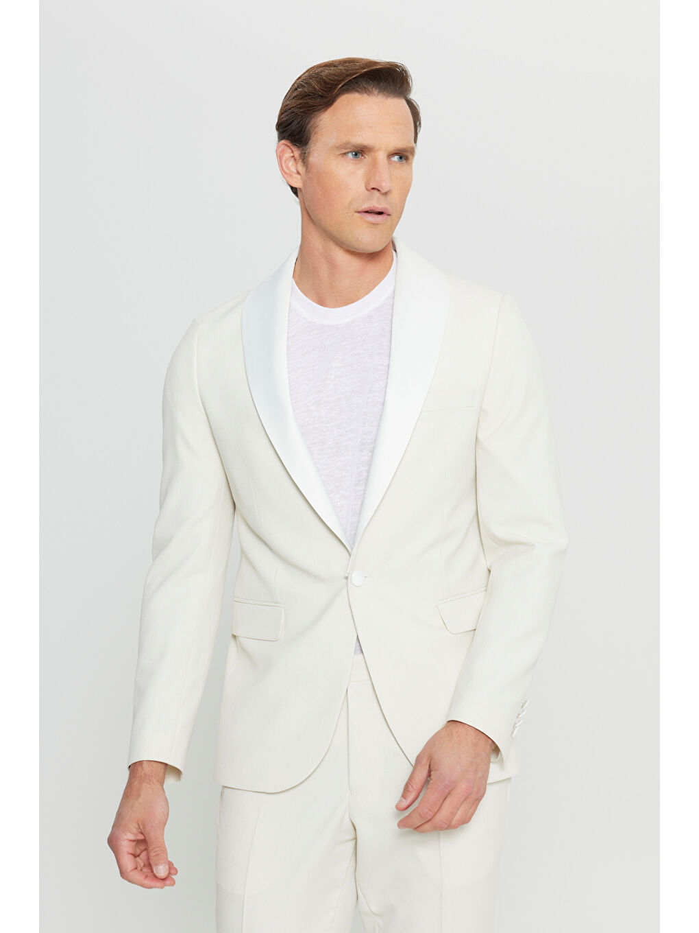 Erkek Ekru Slim Fit Dar Kesim Çıkma Şal Yaka Kapak Cepli Damatlık Smokin Takım-2