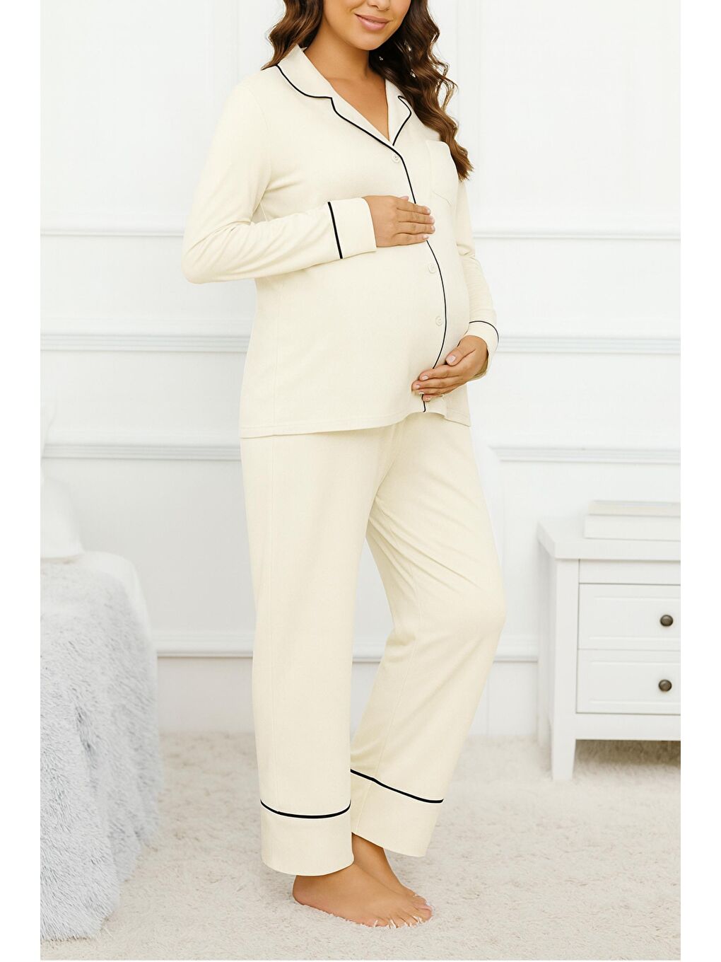 Beyaz Gömlek Yaka Önden Düğmeli Uzun Kol Rahat Form Hamile ve Lohusa Pijama Takımı-2