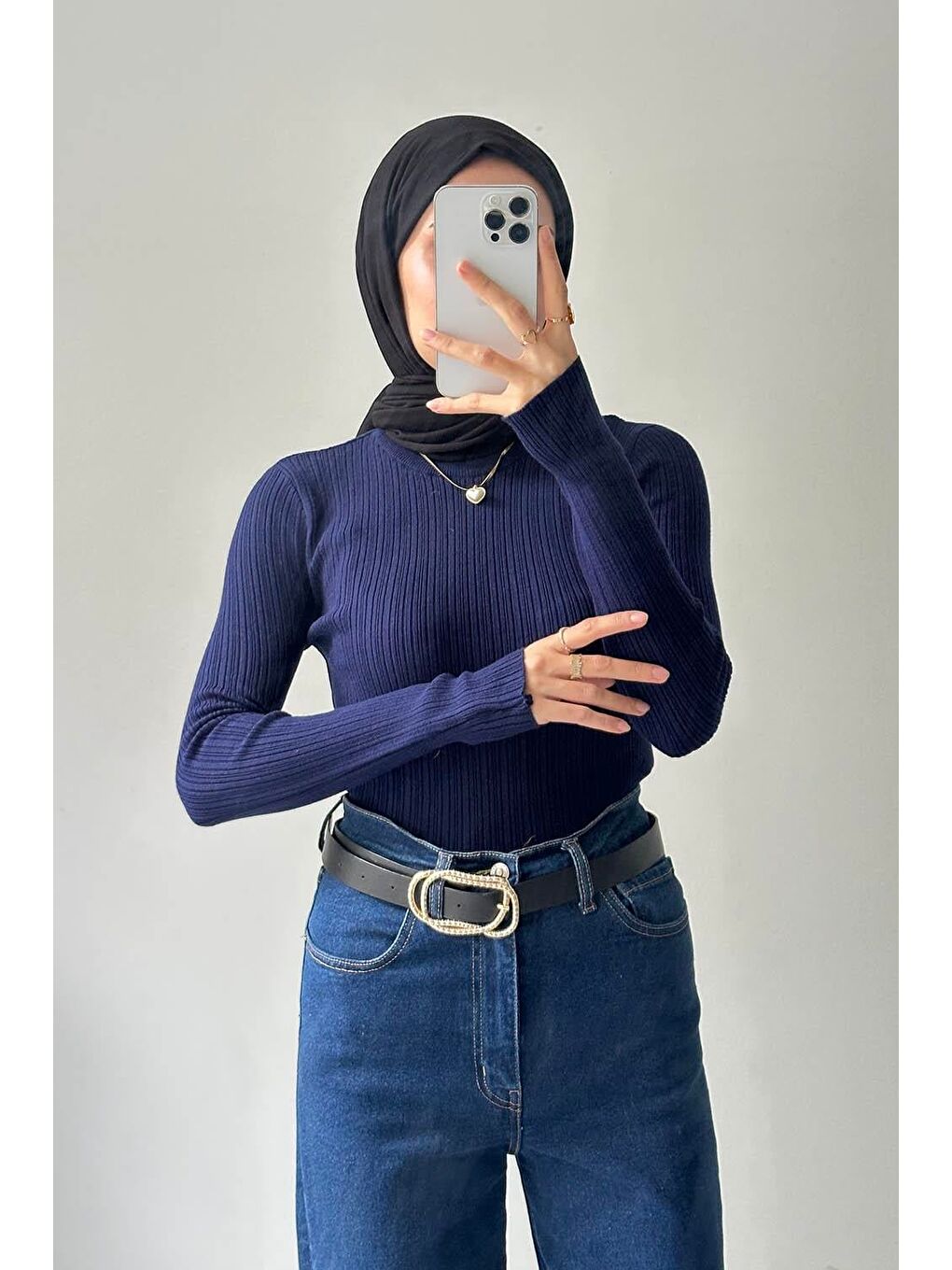 Bisiklet Yaka Fittilli Triko Body Lacivert-3