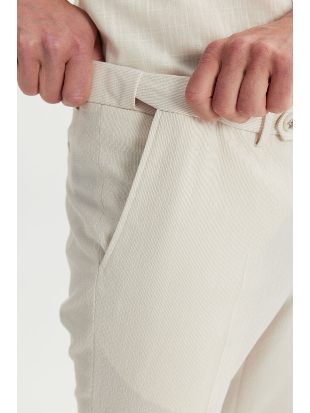 Erkek Bej Slim Fit Dar Kesim Beli Lastikli Yan Cep Klasik Pantolon-4