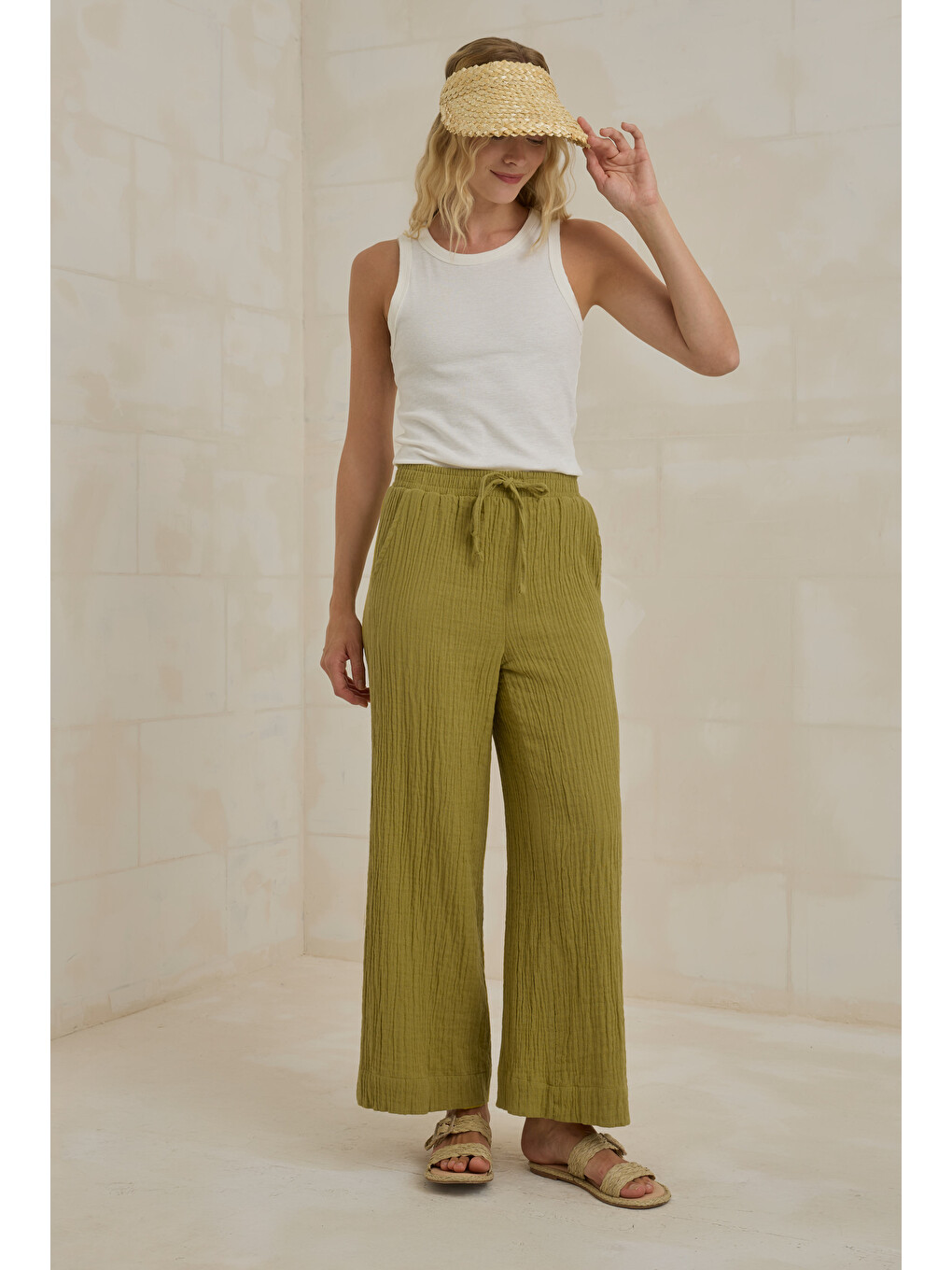 Müslin Bol Paça Pantolon Yağ Yeşili-3