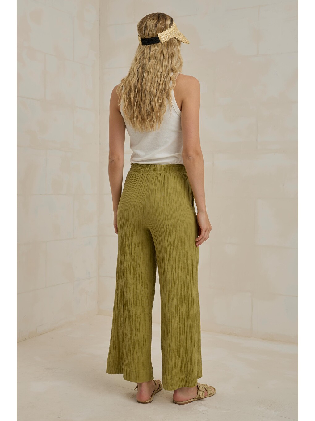 Müslin Bol Paça Pantolon Yağ Yeşili-4