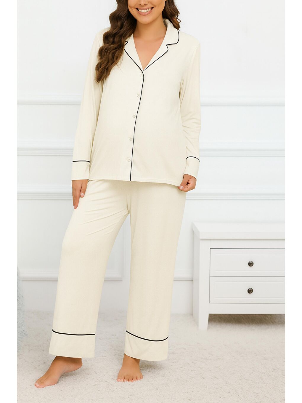 Beyaz Gömlek Yaka Önden Düğmeli Uzun Kol Rahat Form Hamile ve Lohusa Pijama Takımı-3
