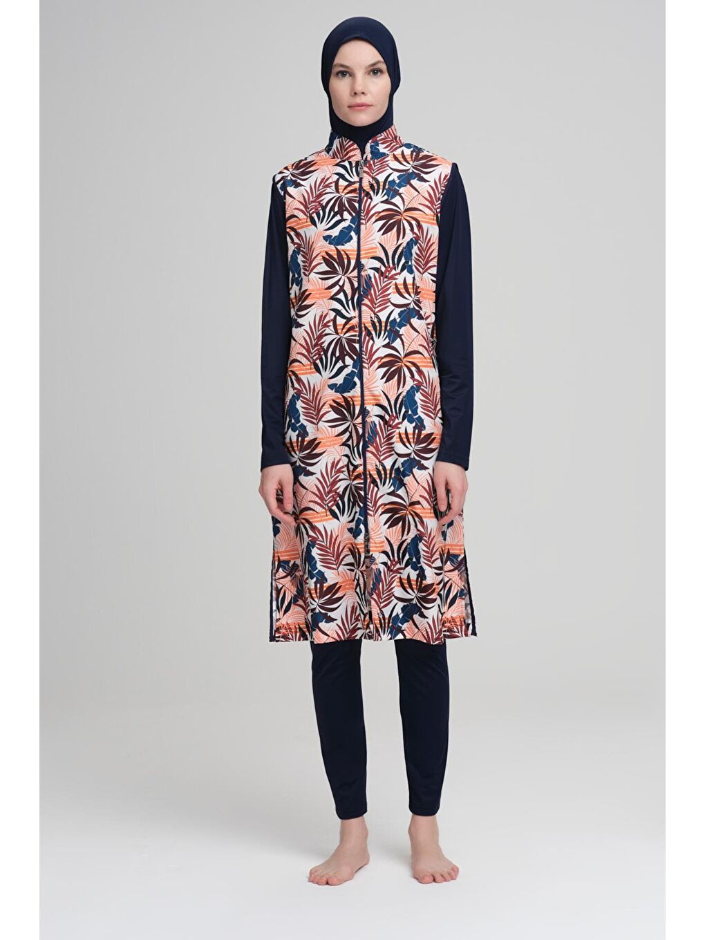 Yaprak Desenli Lacivert Jileli 3 Parça Tam Tesettür Mayo Takımı 2223