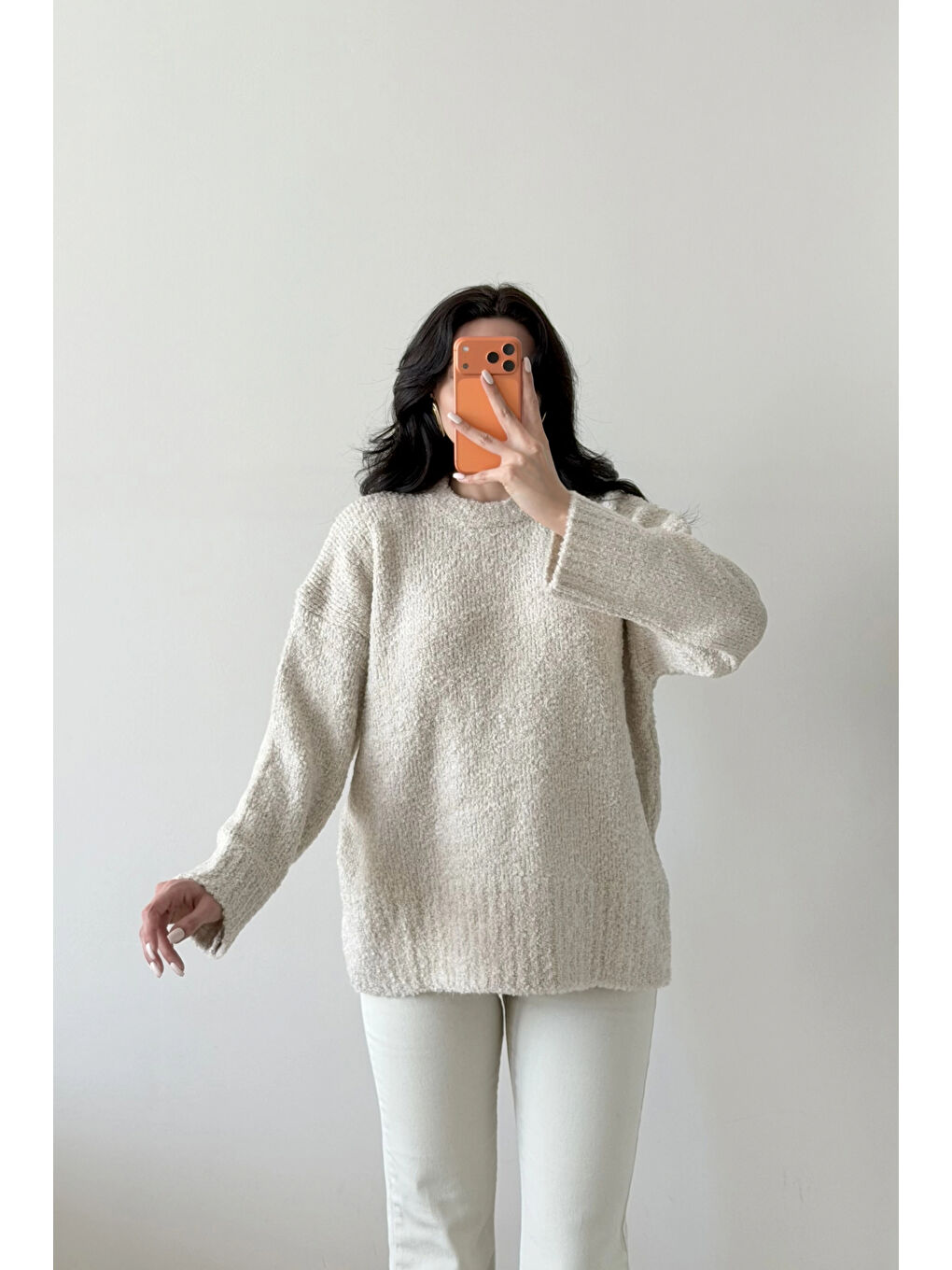 Kadın Bej Oversize Buklet Kazak 1014-2347-2