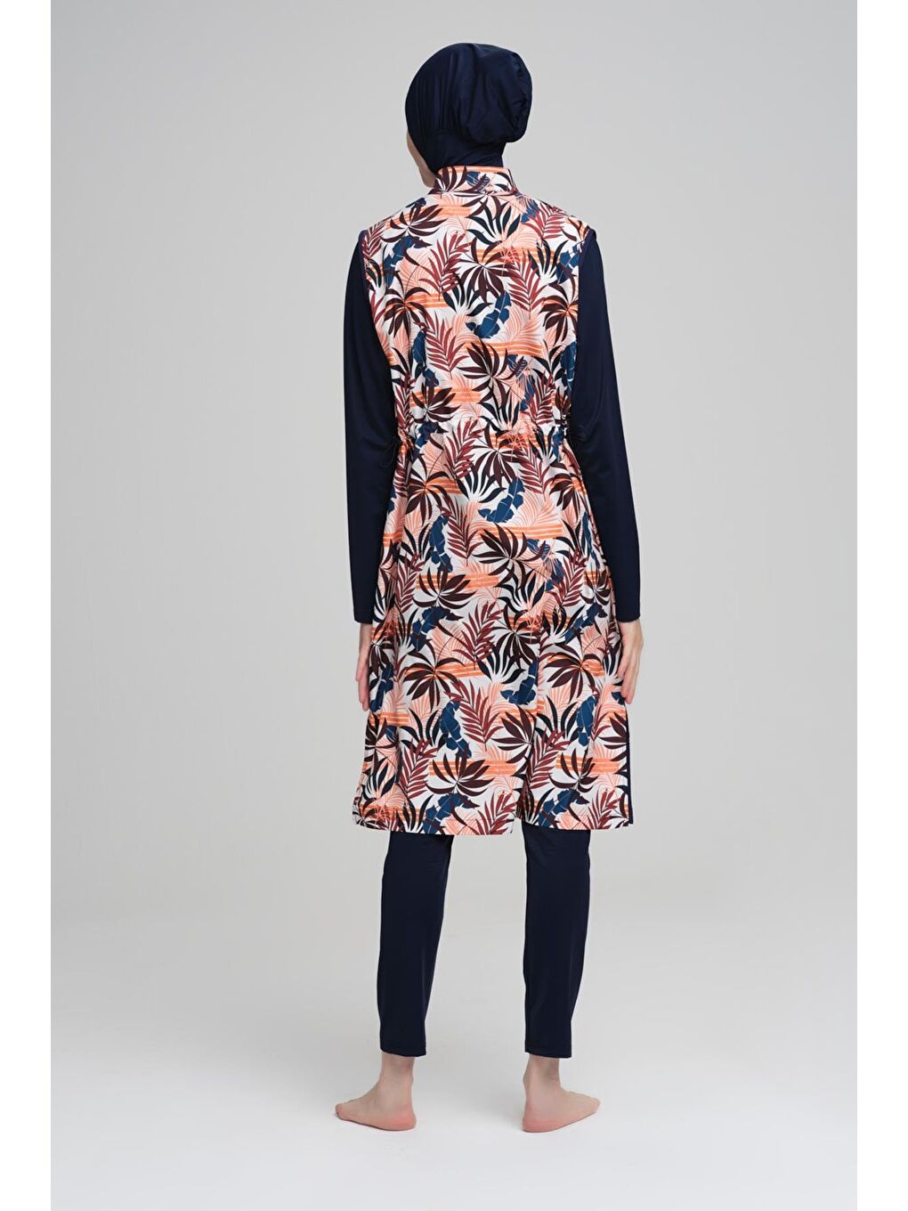 Yaprak Desenli Lacivert Jileli 3 Parça Tam Tesettür Mayo Takımı 2223-1