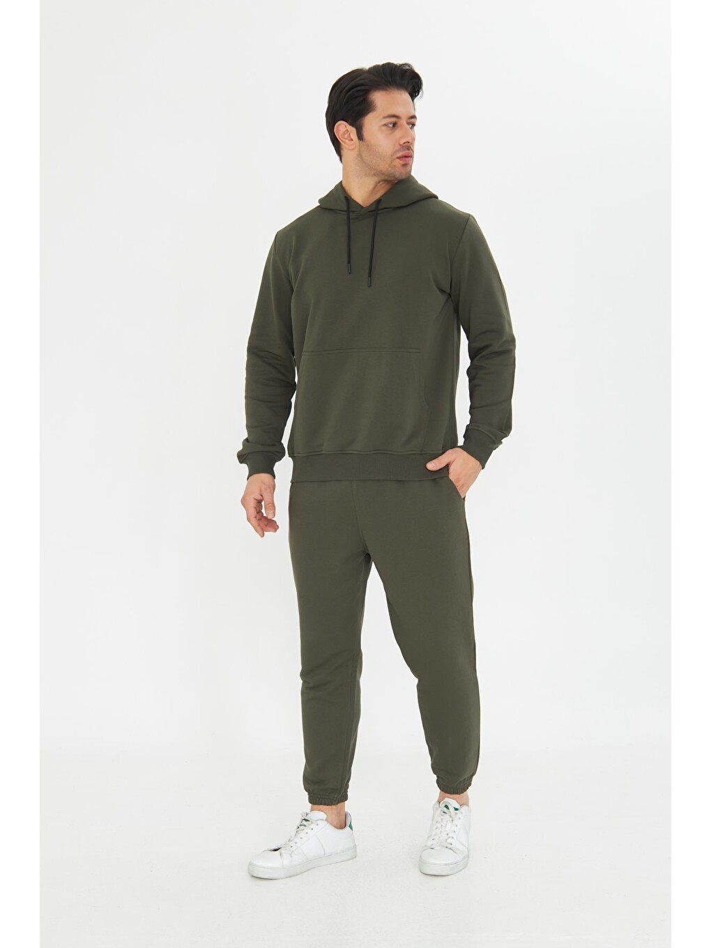Haki Şardonsuz 3 Iplik Pamuklu Basic Kapüşonlu Unisex Eşofman Takımı 5737